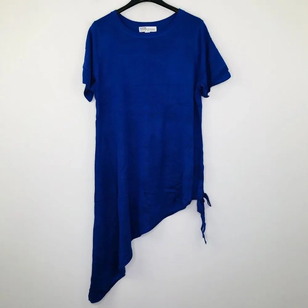 David Meister Women's XL Sweater Blue Short Sleeve Asymmetric Side Tie NWOT CM20